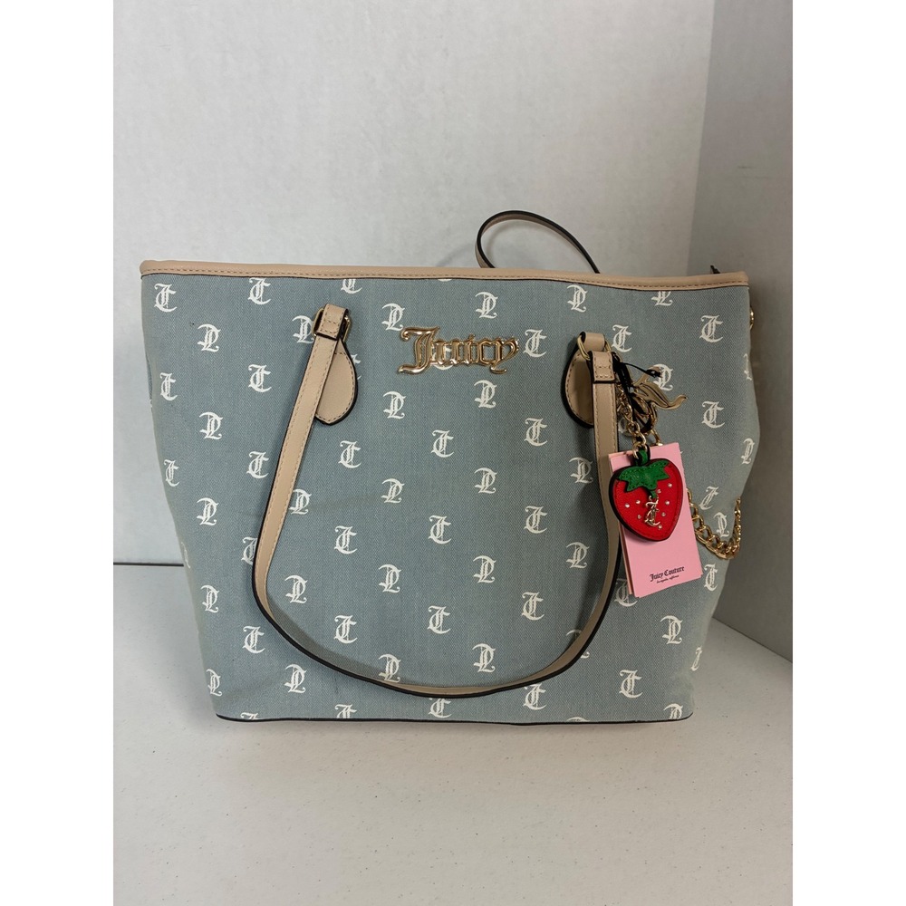 Juicy Couture Blue Logo Tote Bag with Strawberry Charm and Pouch NEW